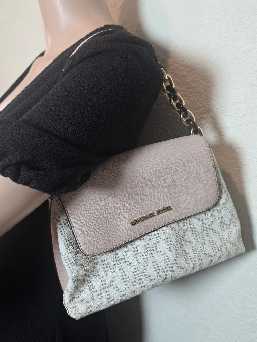 Michael Kors Pale Pink Logo-Print Shoulder Bag with Gold Accents